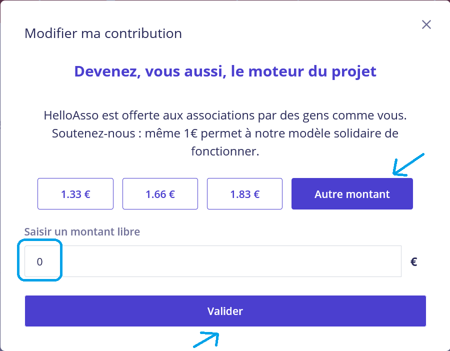 pas de contribution au fonctionnement de HelloAsso